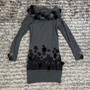 La - EL Couture Gray Black Sweater Dress Rabbit Fur Accents Size S Boho Chunky